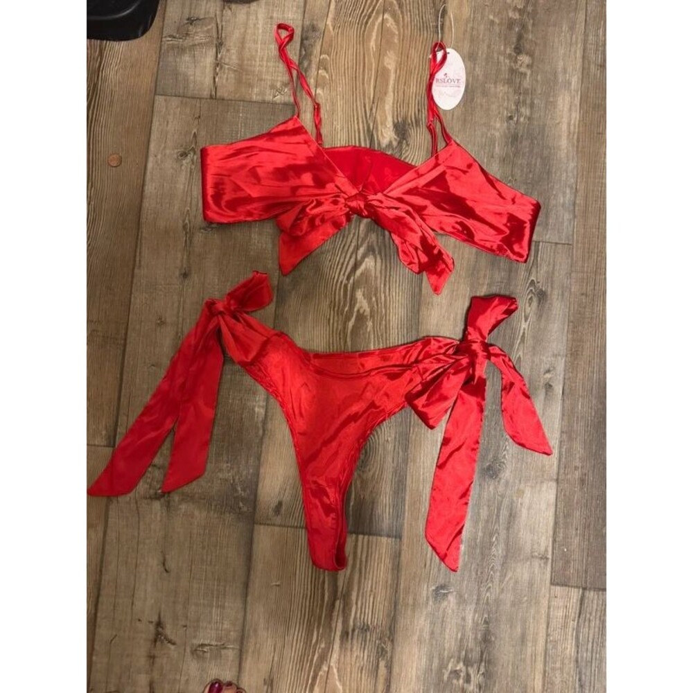 Red satin tie bow lingerie set